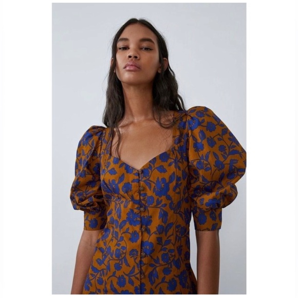 ZARA Cotton Poplin Puff Sleeve Midi Dress, Size XS - Picture 2 of 6
